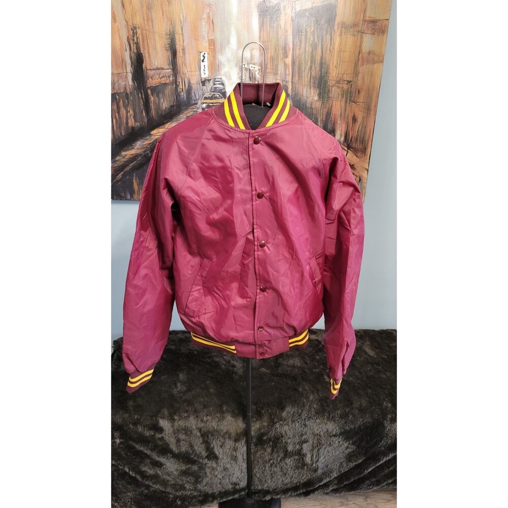 Vintage 70s 80s Satin Varsity Jacket Maroon Gold Made in USA Bomber Small 34–36